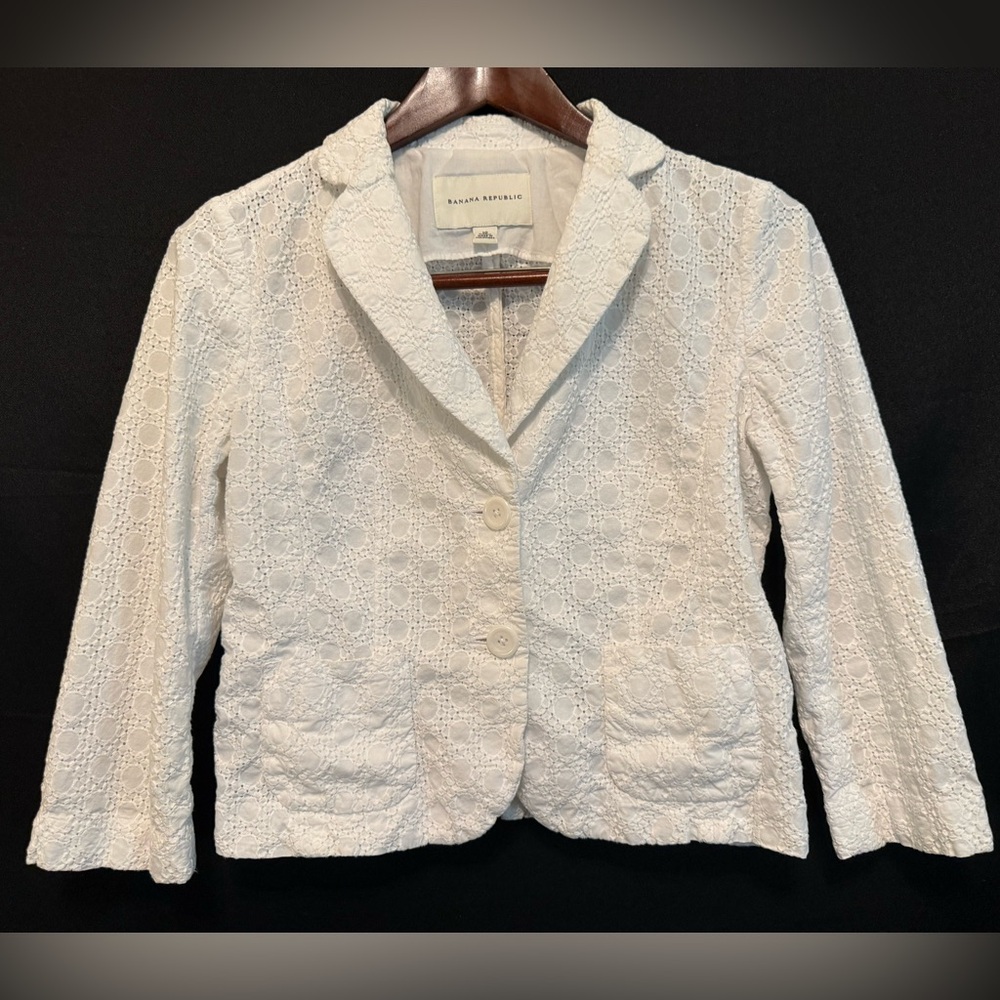 Banana Republic Blazer Jacket Women Size 10 White Eyelet Lace Embroidered Cotton